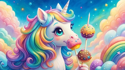 Obraz premium Whimsical Watercolor Unicorn Rainbow Cake Pops: Magical Dessert Stock Photo