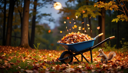 Squirrel playing with leaves near a garden wheelbarrow in autumn forest
