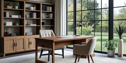 Modern home office with a transitional style, featuring a large wooden desk, comfortable chairs, a matching bookcase, and a large window overlooking a green garden