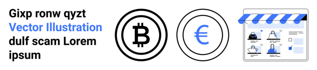 Two currency symbols Bitcoin and Euro, an online store interface with products, and sample text. Ideal for digital finance, cryptocurrency, e-commerce, online transactions, virtual shopping, fintech