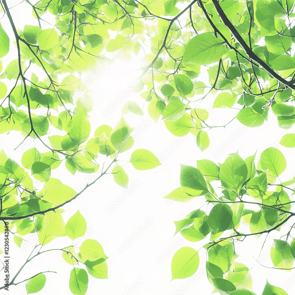 Poster sunlight filters through vibrant green leaves, creating a serene and refreshing natural canopy in a 