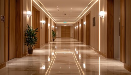 Hotel corridor with polished floors, recessed ceiling lights, and wooden accents for a modern and welcoming vibe