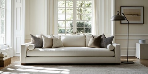Fototapeta premium Sunlight illuminating a tastefully decorated transitional living room with a plush white sofa, stylish floor lamp, and large window framing a serene outdoor view