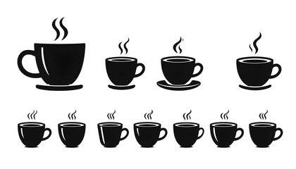Coffee cup icons. Set of different tea cup icons. Simple coffee or tea signs. Black hot drinks icons , with white tonespng