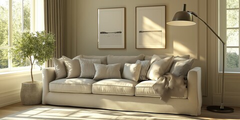 Modern transitional style living room features a comfortable sofa, a floor lamp, framed art, and a potted plant, all bathed in warm sunlight streaming through large windows