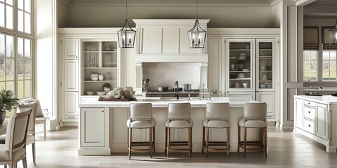 Sunlight streaming into a sophisticated transitional kitchen features white cabinetry, a large island with upholstered bar stools, and sleek pendant lighting, creating an airy atmosphere