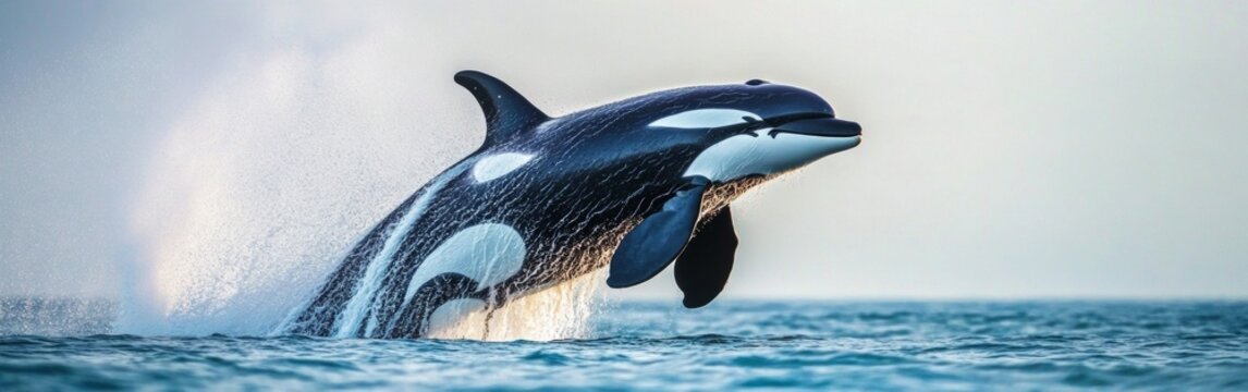 An orca whale leaps from the ocean, sending water cascading off its sleek body. This breathtaking moment captures the power and grace of marine life in vibrant detail. With copy space for text