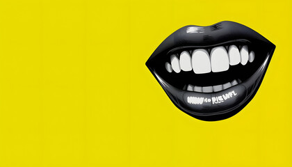 Naklejka premium Collage in magazine style on bright yellow background. Female lips, smiling, screaming on black and white colored with contour. Modern design, creative, style and emotions concept. Flyer for ad isol