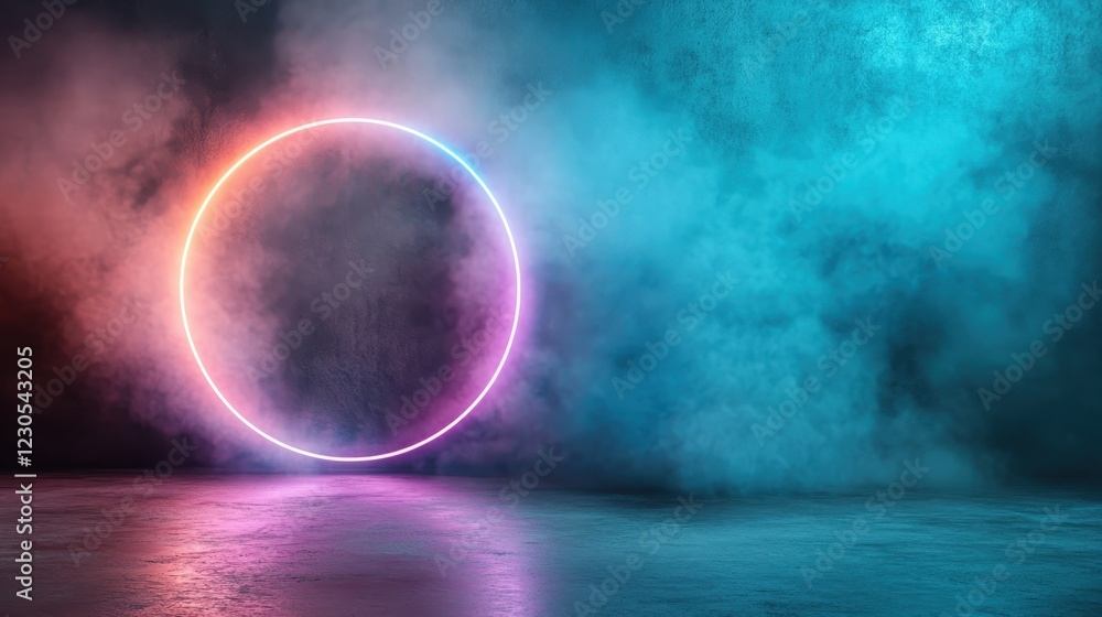 Poster this image features a glowing neon circle surrounded by vibrant colored fog, creating an abstract at