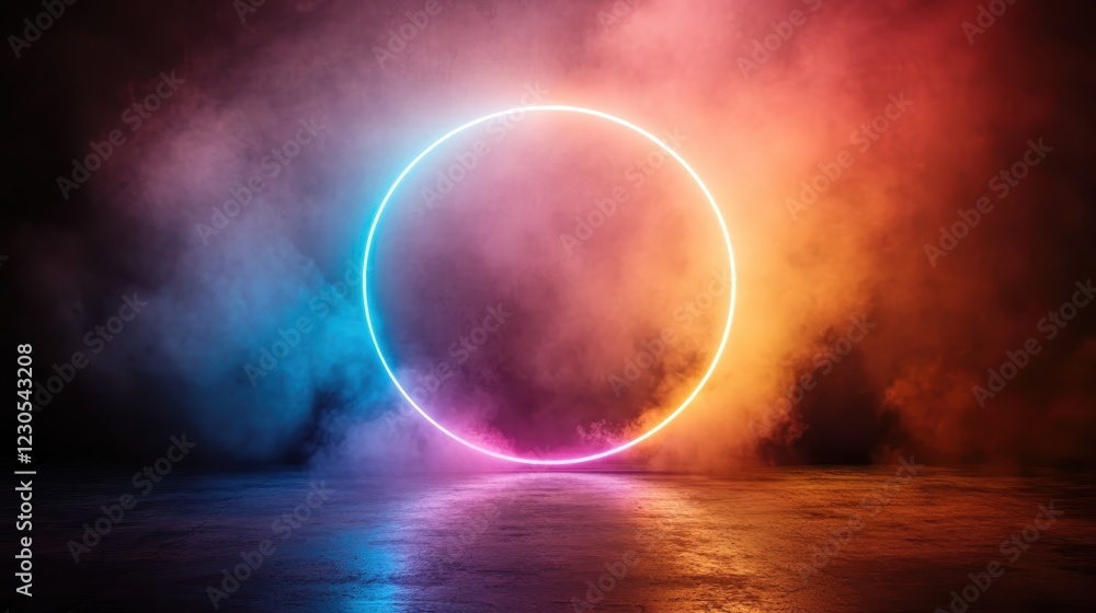 Poster a glowing neon circle stands out against an abstract backdrop, creating a striking visual effect tha