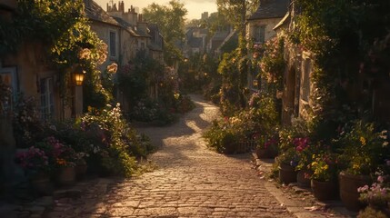 Obraz premium Sunlit cobblestone lane in a charming, flower-filled village.
