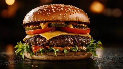 This mouthwatering cheeseburger features juicy beef, melted cheese, fresh lettuce, tomatoes, pickles, and a toasted sesame seed bun, perfect for any burger lover.