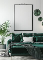 A green velvet sofa with a throw blanket and a potted plant in a modern living room with a blank picture frame and green glass pendant lights