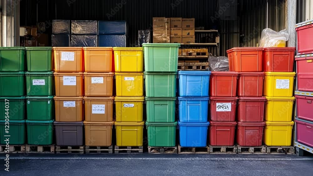 Poster an assemblage of colorful plastic containers each labeled for different types of recyclables stacked