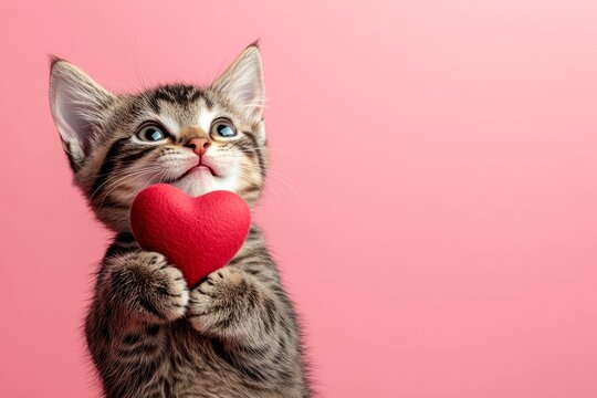 Ad campaign concept. Cute donskoy feline infant with critter toy red heart - emblem of love, funny greeting card. Donskoy - my desired cat. Romantic pet love photo. Valentine's friendship pet.