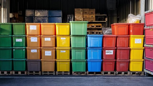 An assemblage of colorful plastic containers each labeled for different types of recyclables stacked neatly near a production area showcasing the organization of waste segregation efforts.