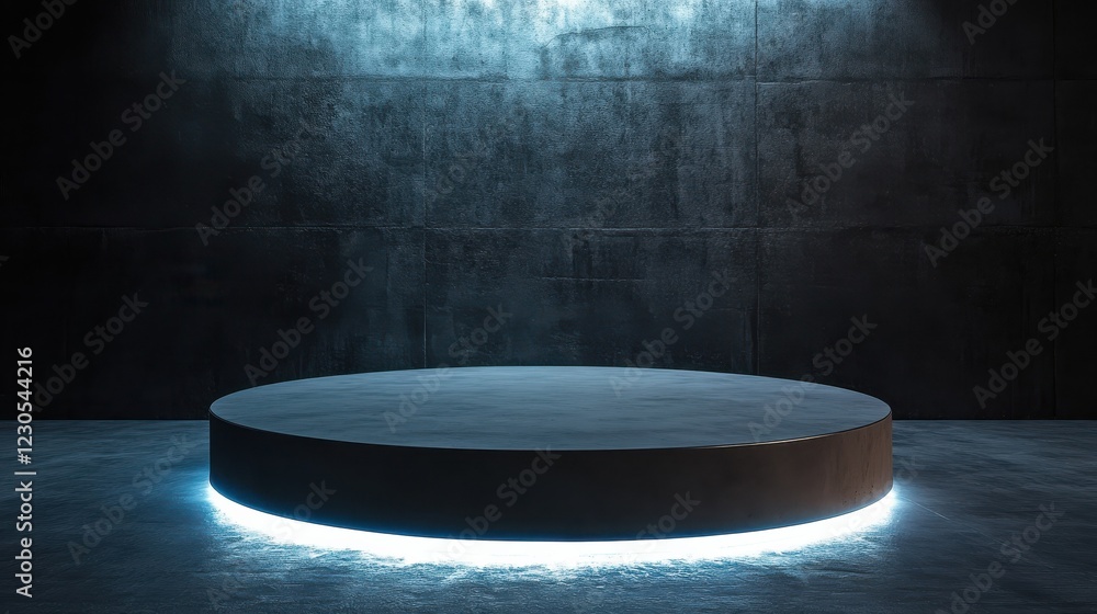 Poster blank round concrete stage for presentation illuminated by light from top in futuristic style hall. 