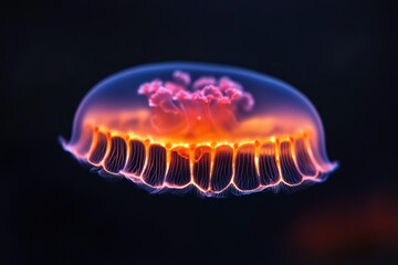 A vibrant jellyfish with glowing orange and pink hues, gracefully floating in the dark ocean depths.