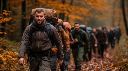 Fototapeta premium A dedicated group of hikers, equipped with backpacks, traverses a beautiful autumn landscape filled with vibrant orange and yellow leaves in a serene forest setting.