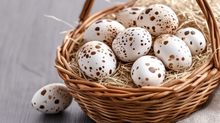 Obraz premium A wicker basket filled with quail eggs rests on soft straw, capturing the essence of Easter in a bright, sunny field