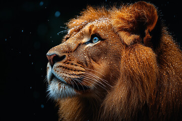 Naklejka premium Majestic Lion Portrait Rain Water Drops