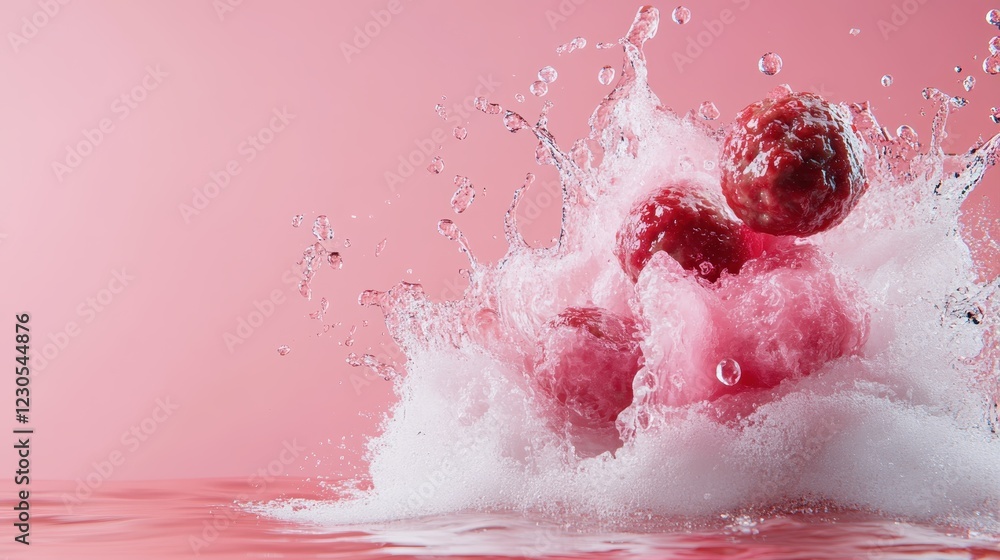 Poster this captivating image features fresh raspberries splashing into water, creating a delightful burst 