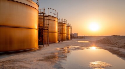 Obraz premium A stunning view of metallic storage tanks reflecting the warm hues of sunset, representing the intersection of industry and nature in an arid landscape.