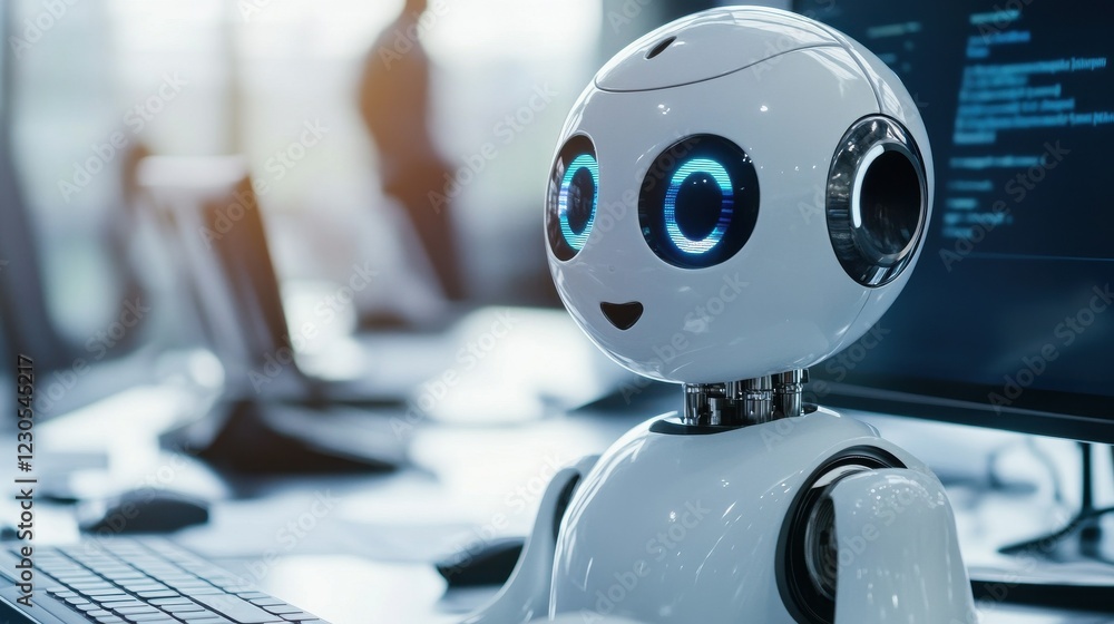 Poster a professional oversees an ai chatbot interface on a computer, ensuring the system provides timely a