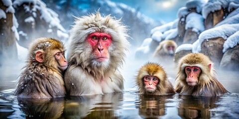 Winter Wonderland: Snow Monkey Family in a Hot Spring