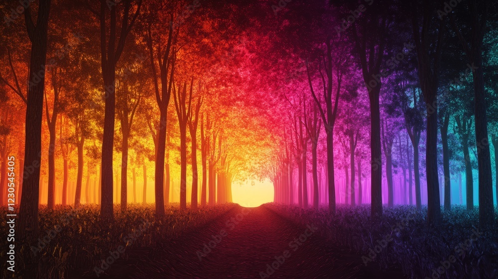Poster a rainbow colored forest with a path through it. the path is surrounded by trees of different colors