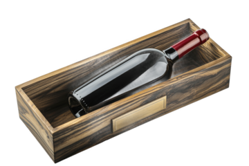 Elegant polished wooden wine box with a red wine bottle isolated on transparent background