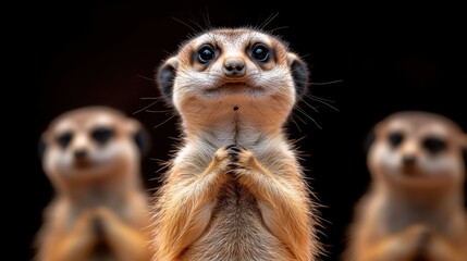 Fototapeta premium An adorable meerkat captured in a playful stance, displaying curiosity and charm, reflecting the lively and social dynamics of meerkat communities in an engaging moment.