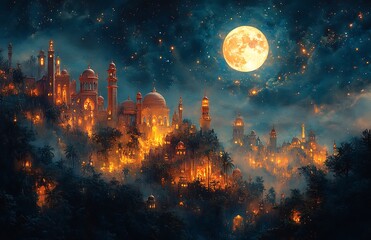 Naklejka premium Mystical City with Illuminated Buildings Under Full Moon and Starry Sky