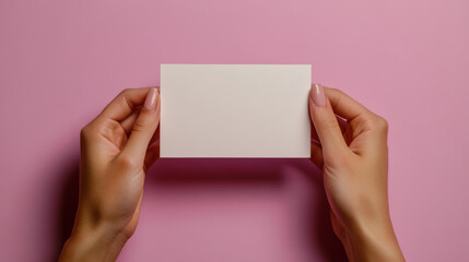 Obraz premium Graceful hands with polished nails hold a blank business card against a soft pink background. The minimalist design emphasizes simplicity and elegance, ideal for branding presentations