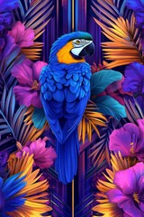 Obraz premium Vibrant blue macaw perched amidst colorful tropical flower and lush foliage in a lively setting