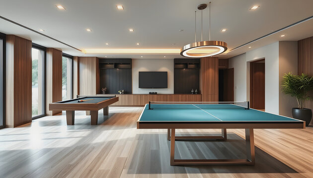 Pool table and ping pong table in modern, luxury home showcase interior game room , with white tonespng