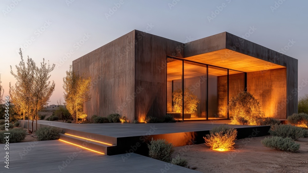 Poster an intriguing concrete house set against a desert backdrop, uniting bold architecture with the simpl
