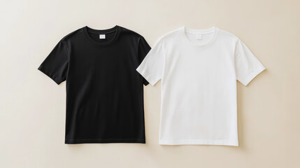 Classic black and white t-shirt templates with short sleeves and a crew neck, perfect for showcasing designs or logos, creating a minimalist and versatile apparel mockup