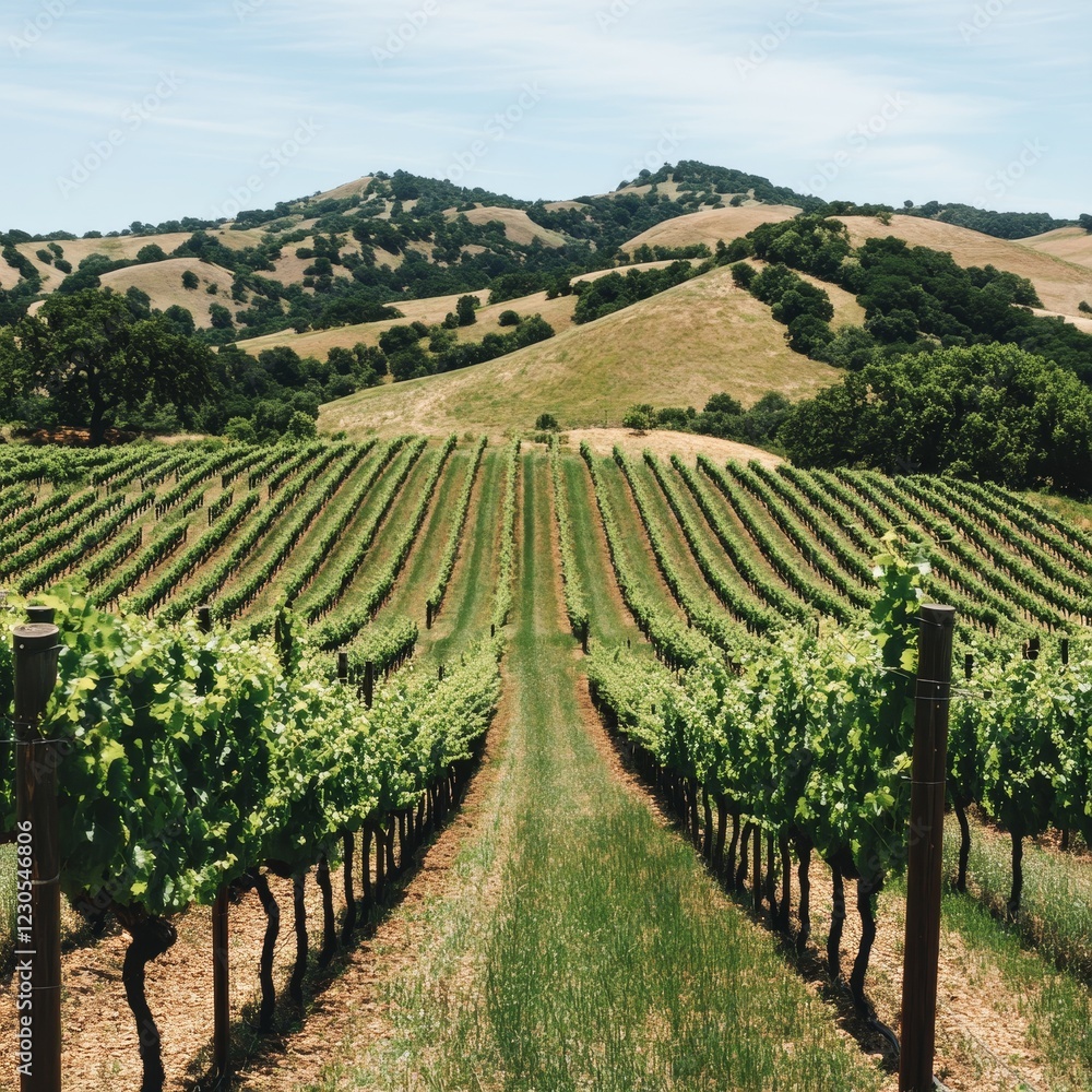 Poster a vineyard with rows of green vines and a beautiful mountain in the background
