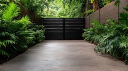 Obraz premium A serene modern entryway enveloped by vibrant foliage creates a tranquil atmosphere, where elegance meets nature for an inviting welcome to any home.