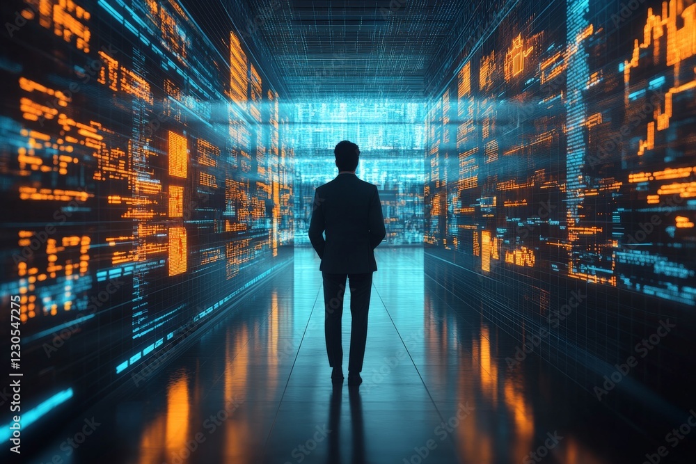 Aufkleber business professional contemplating data insights in a futuristic digital environment