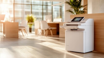 An inviting modern office scene displays a sleek copier machine in warm sunlight, enhancing productivity and collaboration in a contemporary workplace environment.
