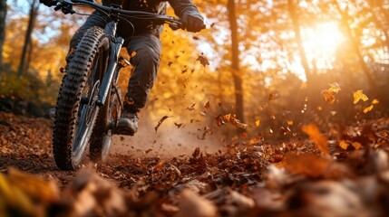 An exhilarating mountain biking scene with a rider kicking up autumn leaves amidst a vibrant forest backdrop illuminated by the golden light of sunset.