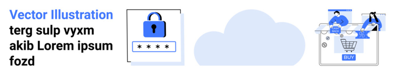 Padlock and login form for cybersecurity, cloud icon in the center, and two people with shopping cart on a website. Ideal for online security, cloud storage, e-commerce, technology integration, data