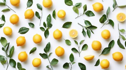 A fresh and vibrant arrangement of juicy lemons accompanied by green leaves, isolated on a white background