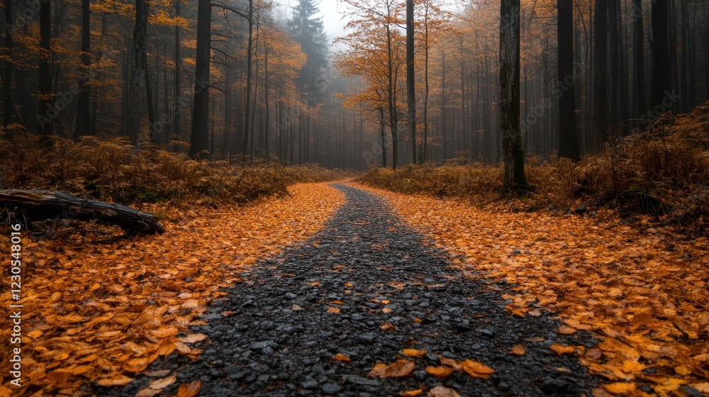 Poster a winding path through an enchanting forest, covered with vibrant autumn leaves and shrouded in mist