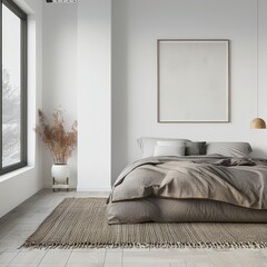 Minimalist bedroom interior with a large window. a bed with neutral linens. a rug. a potted plant and a blank canvas