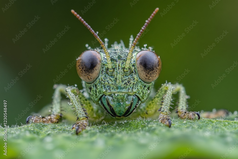 Poster close-up of a dew-covered grasshopper on a green leaf in a tropical forest during early morning ligh