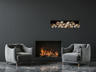 Two armchairs face a fireplace with a niche above. filled with logs The wall and floor are both black