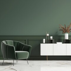 A green velvet armchair sits in front of a white cabinet against a sage green wall with decorative accents